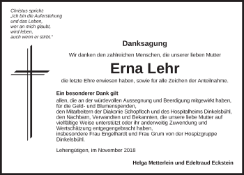 Traueranzeige von Erna Lehr von Dinkelsbühl/ Feuchtwangen