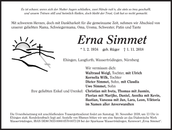 Traueranzeige von Erna Simmet von Dinkelsbuhl/ Feuchtwangen