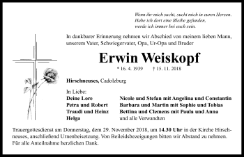 Traueranzeige von Erwin Weiskopf von Neustadt/ Scheinfeld/ Uffenheim