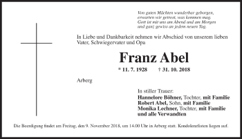 Traueranzeige von Franz Abel von Dinkelsbuhl/ Feuchtwangen