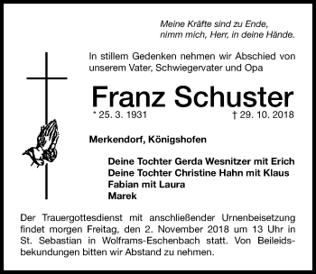 Traueranzeige von Franz Schuster von Dinkelsbühl/ Feuchtwangen