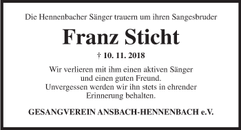 Traueranzeige von Franz Sticht von Ansbach