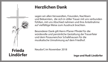 Traueranzeige von Frieda Lindörfer von Ansbach