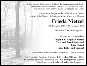 Traueranzeige von Frieda Nietzel von Rothenburg