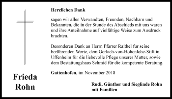 Traueranzeige von Frieda Rohn von Rothenburg