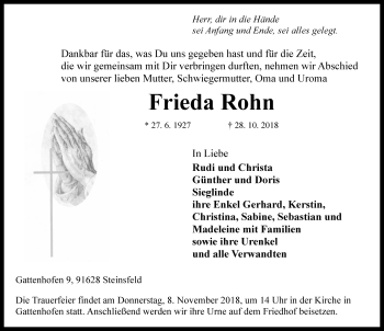 Traueranzeige von Frieda Rohn von Rothenburg