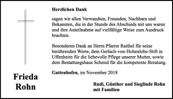 Traueranzeige von Frieda Rohn von Ansbach
