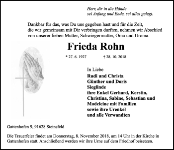 Traueranzeige von Frieda Rohn von Ansbach