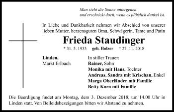 Traueranzeige von Frieda Staudinger von Neustadt/ Scheinfeld/ Uffenheim