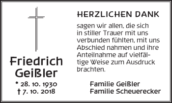 Traueranzeige von Friedrich Geißler von Dinkelsbühl/ Feuchtwangen