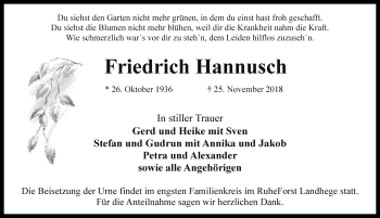 Traueranzeige von Friedrich Hannusch von Rothenburg