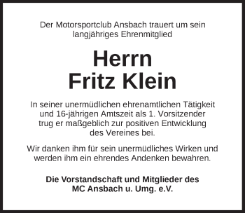 Traueranzeige von Fritz Klein von Ansbach