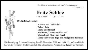 Traueranzeige von Fritz Schlee von Neustadt/ Scheinfeld/ Uffenheim