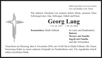 Traueranzeige von Georg Lang von Neustadt/ Scheinfeld/ Uffenheim
