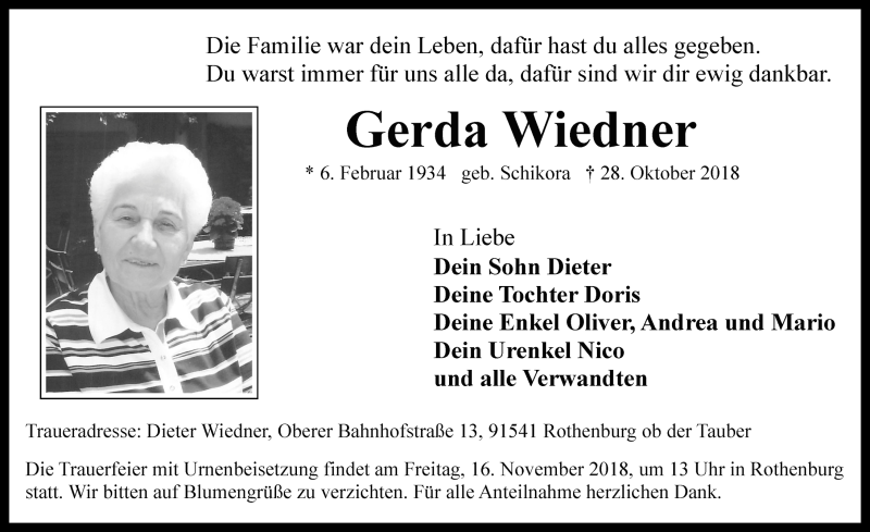  Traueranzeige für Gerda Wiedner vom 10.11.2018 aus Rothenburg