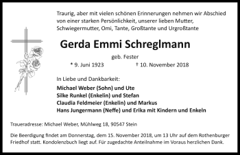 Traueranzeige von Gerda Emmi Schreglmann von Rothenburg