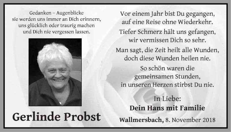  Traueranzeige für Gerlinde Probst vom 08.11.2018 aus Neustadt/ Scheinfeld/ Uffenheim