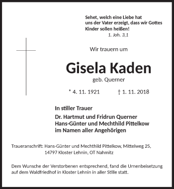 Traueranzeige von Gisela Kaden von Ansbach