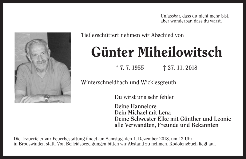  Traueranzeige für Günter Miheilowitsch vom 30.11.2018 aus Ansbach