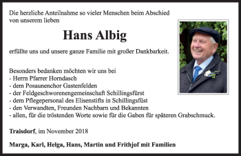 Traueranzeige von Hans Albig von Rothenburg