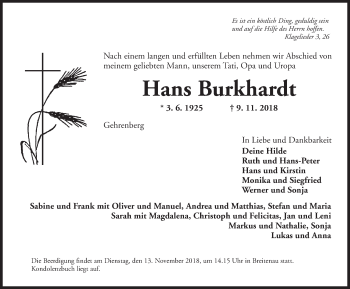 Traueranzeige von Hans Burkhardt von Dinkelsbühl/ Feuchtwangen