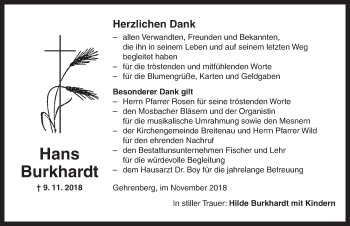 Traueranzeige von Hans Burkhardt von Dinkelsbühl/ Feuchtwangen