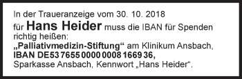 Traueranzeige von Hans Heider von Ansbach