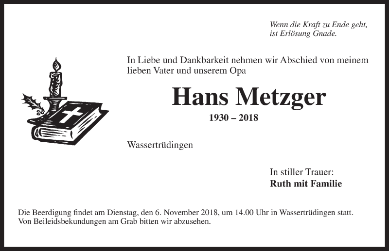  Traueranzeige für Hans Metzger vom 05.11.2018 aus Dinkelsbühl/ Feuchtwangen