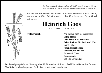 Traueranzeige von Heinrich Goos von Neustadt/ Scheinfeld/ Uffenheim