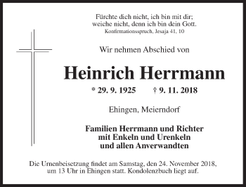 Traueranzeige von Heinrich Herrmann von Dinkelsbuhl/ Feuchtwangen