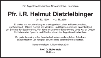 Traueranzeige von Helmut Dietzfelbinger von Ansbach