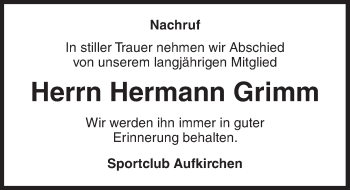 Traueranzeige von Hermann Grimm von Dinkelsbühl/ Feuchtwangen