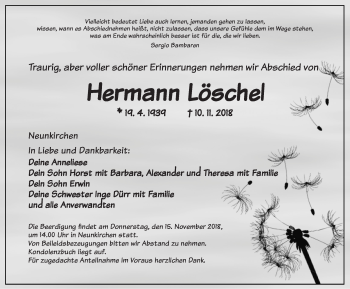Traueranzeige von Hermann Löschel von Ansbach