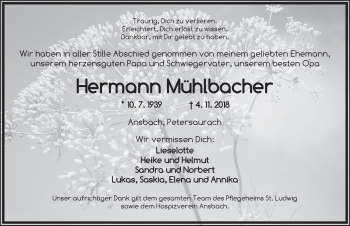 Traueranzeige von Hermann Mühlbacher von Ansbach