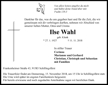 Traueranzeige von Ilse Wahl von Rothenburg