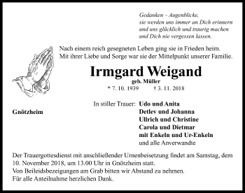 Traueranzeige von Irmgard Weigand von Neustadt/ Scheinfeld/ Uffenheim