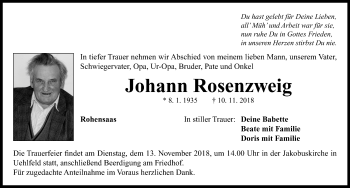 Traueranzeige von Johann Rosenzweig von Neustadt/ Scheinfeld/ Uffenheim