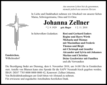 Traueranzeige von Johanna Zellner von Neustadt/ Scheinfeld/ Uffenheim