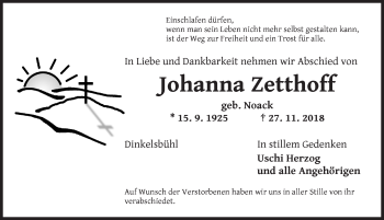 Traueranzeige von Johanna Zetthoff von Dinkelsbuhl/ Feuchtwangen