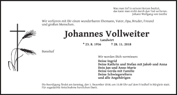 Traueranzeige von Johannes Vollweiter von Ansbach