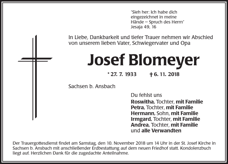  Traueranzeige für Josef Blomeyer vom 09.11.2018 aus Dinkelsbuhl/ Feuchtwangen