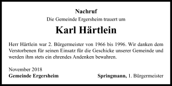 Traueranzeige von Karl Härtlein von Neustadt/ Scheinfeld/ Uffenheim