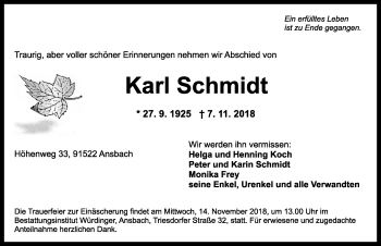 Traueranzeige von Karl Schmidt von Dinkelsbühl/ Feuchtwangen