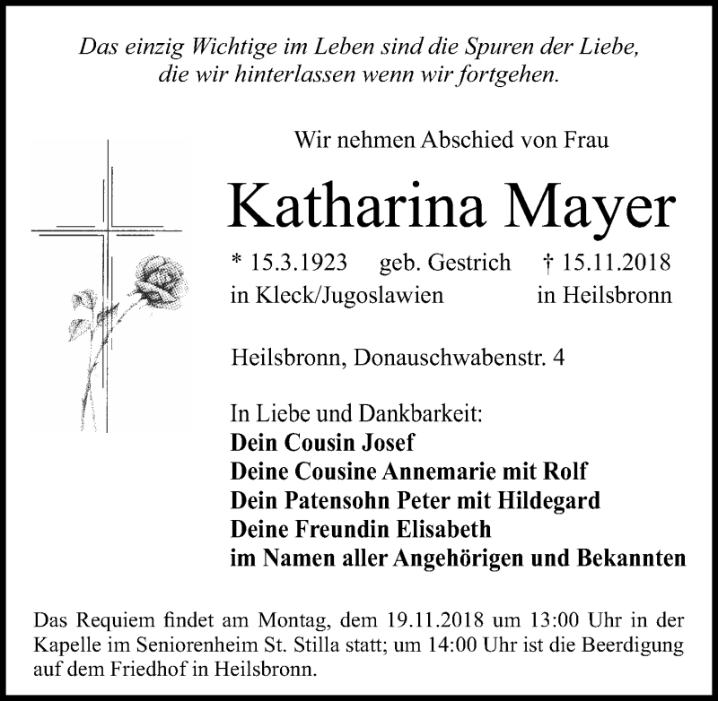  Traueranzeige für Katharina Mayer vom 17.11.2018 aus Ansbach