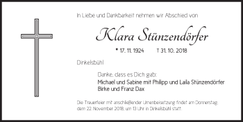 Traueranzeige von Klara Stünzendörfer von Dinkelsbühl/ Feuchtwangen