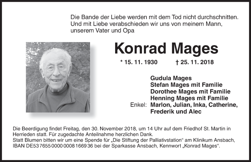  Traueranzeige für Konrad Mages vom 28.11.2018 aus Ansbach