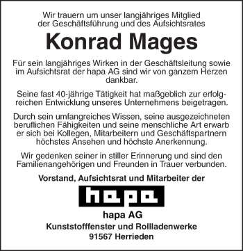 Traueranzeige von Konrad Mages von Ansbach