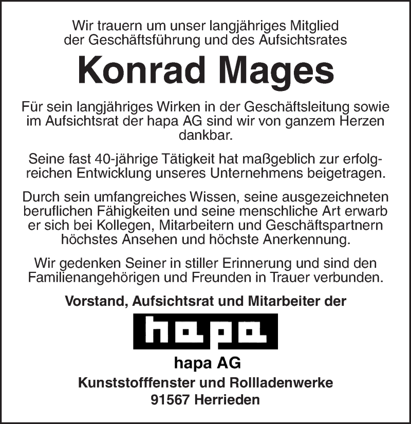  Traueranzeige für Konrad Mages vom 29.11.2018 aus Dinkelsbühl/ Feuchtwangen