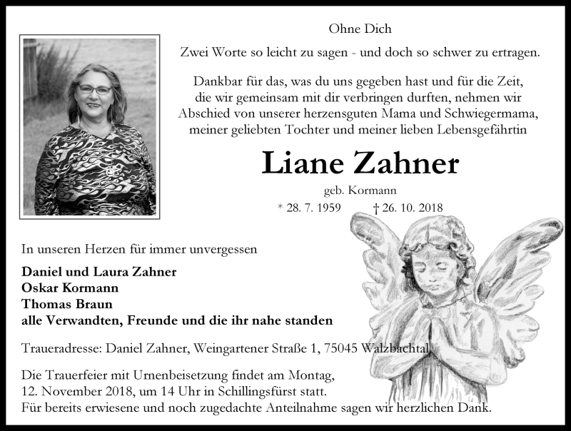  Traueranzeige für Liane Zahner vom 09.11.2018 aus Rothenburg