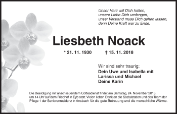 Traueranzeige von Liesbeth Noack von Ansbach